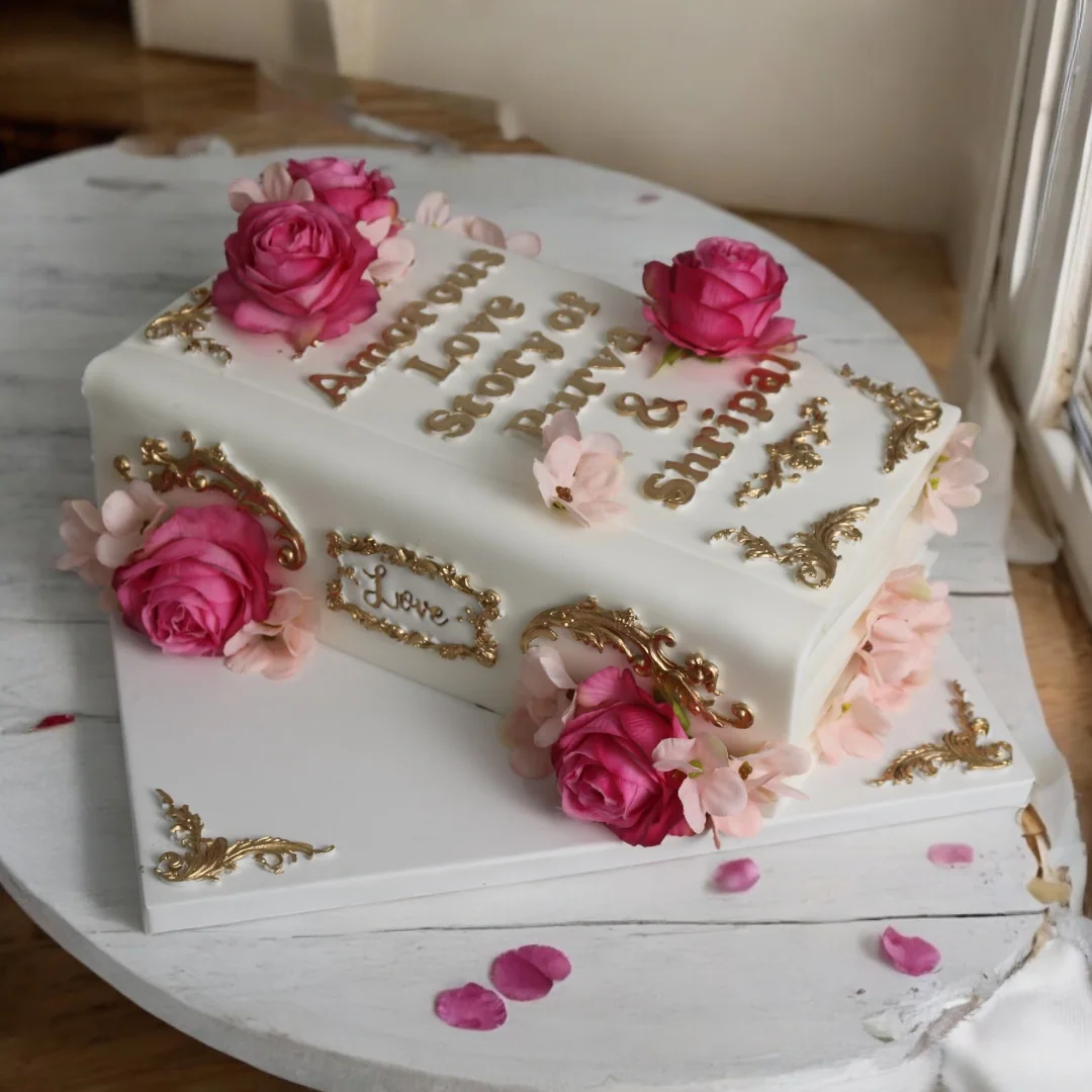 Personalised anniversary cake shaped like a decorated book with roses