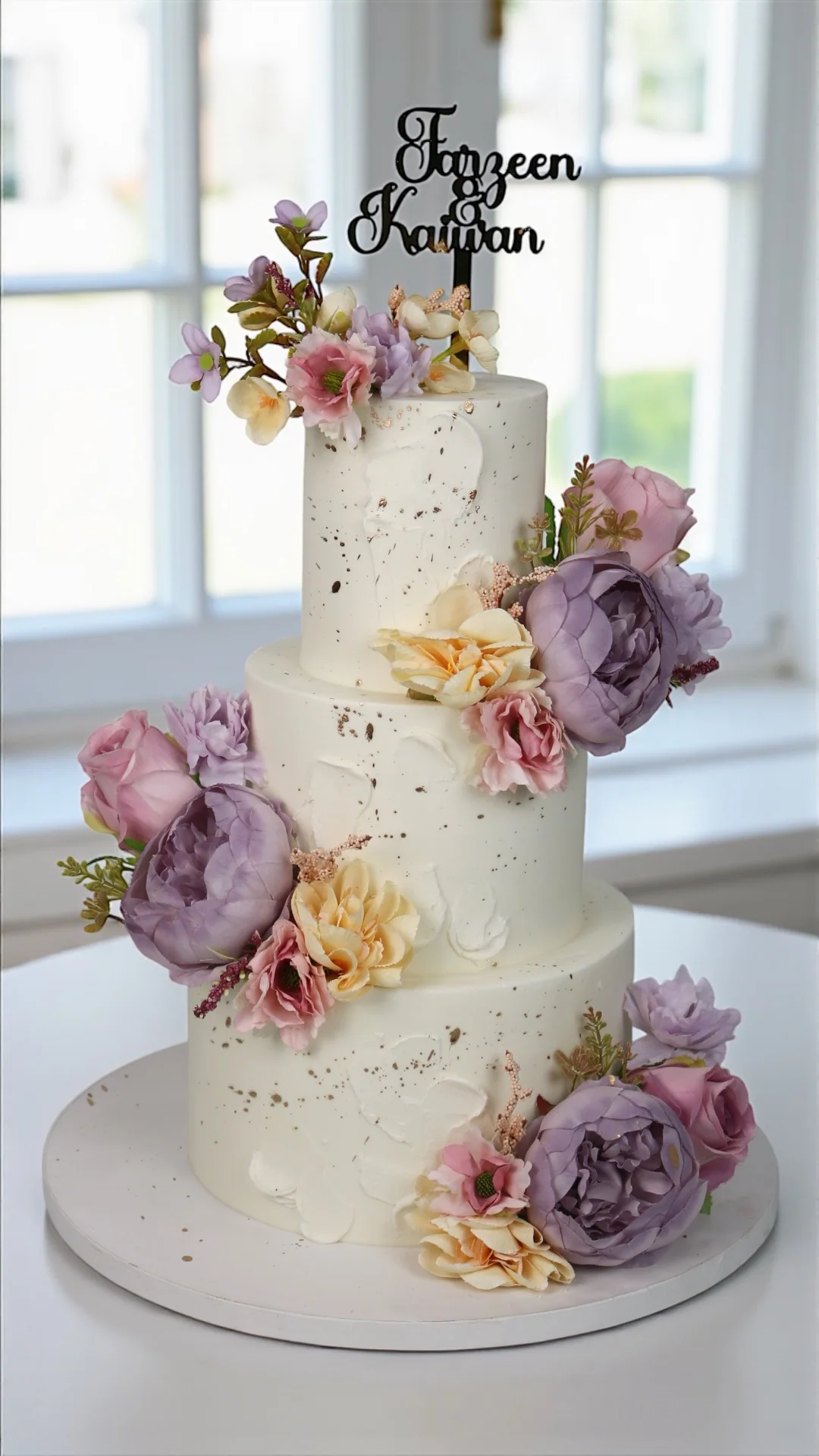 Three-tier wedding anniversary cake with blush and lavender flowers