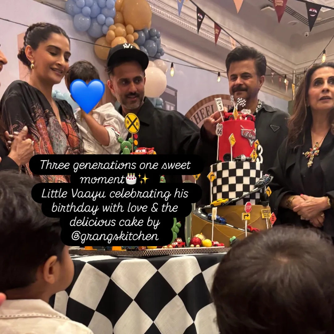 Racing-themed birthday cake at a Kapoor family celebration