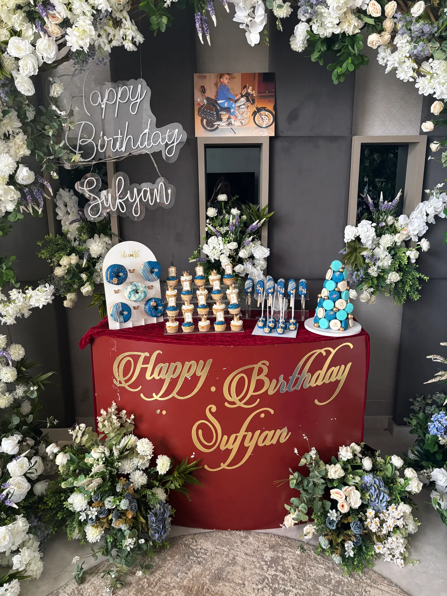 Full floral birthday dessert table setup for Sufyan