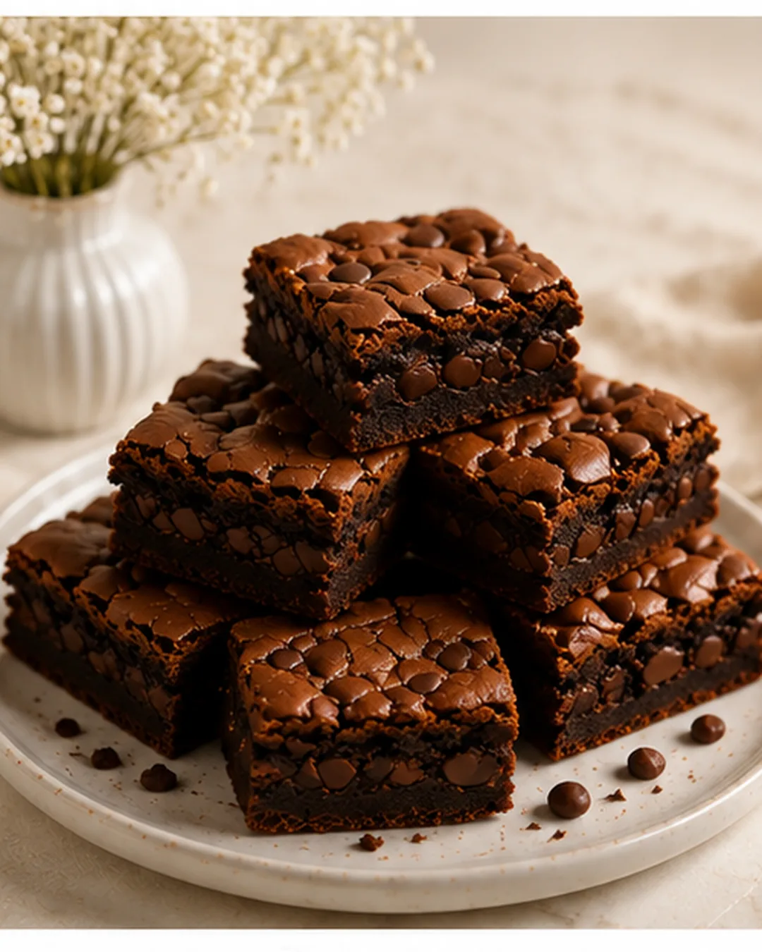 Chocolate brownies arranged on a plate