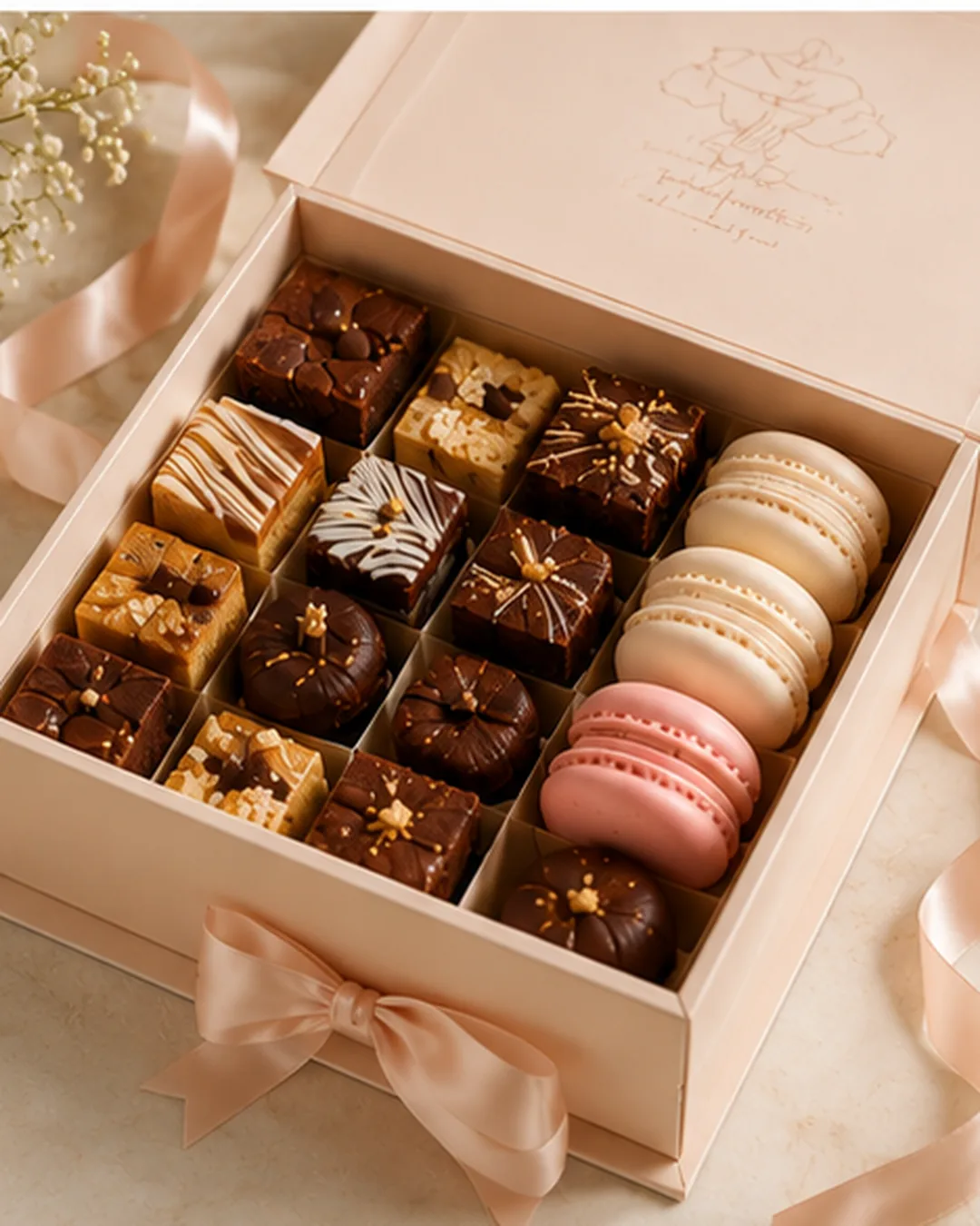Gift box containing assorted small desserts