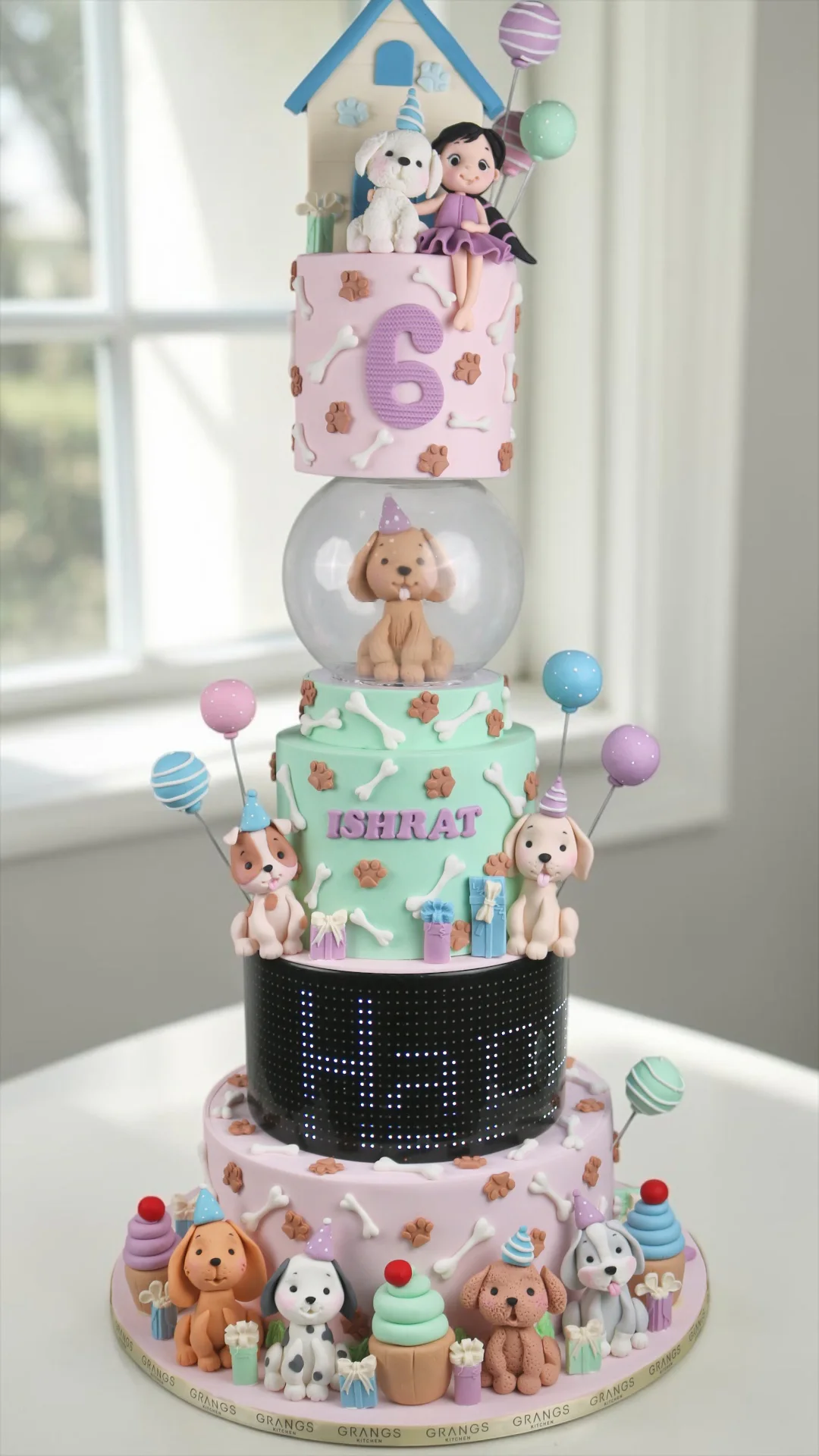 Tall first birthday cake with dog theme and illuminated display tier