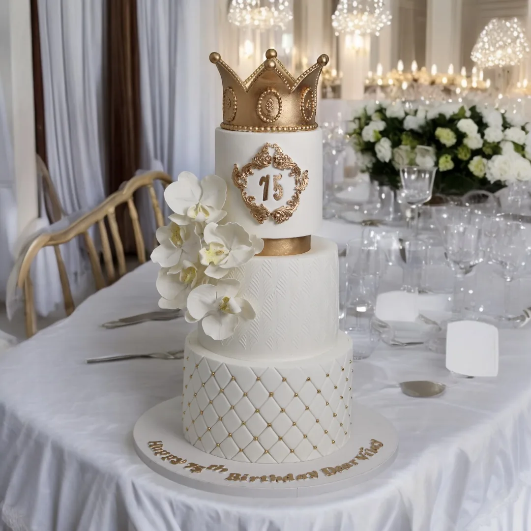 White and gold three-tier cake created for a 75th birthday celebration