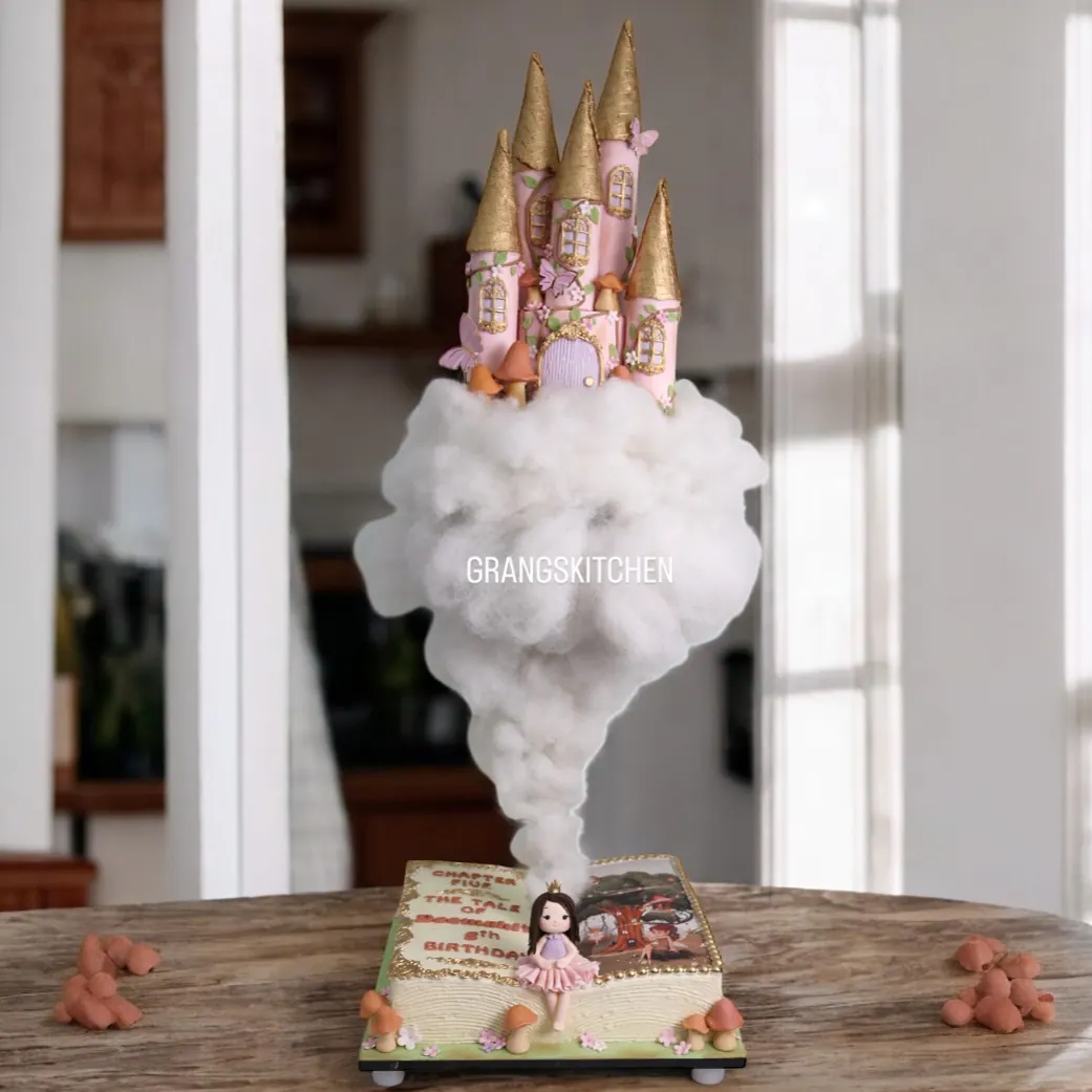 Princess castle themed cake on a cloud-style stand