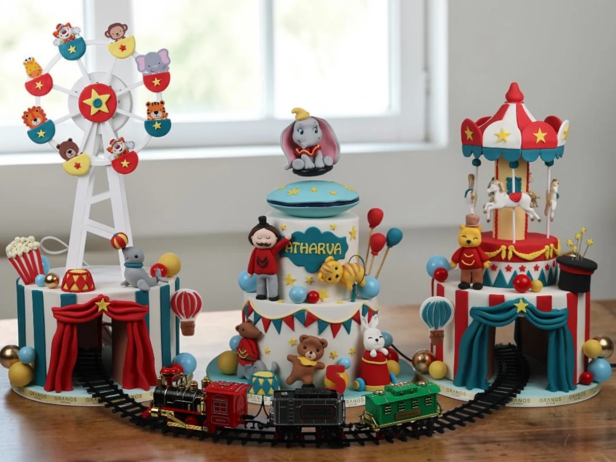 Carnival themed cake table with toy train display
