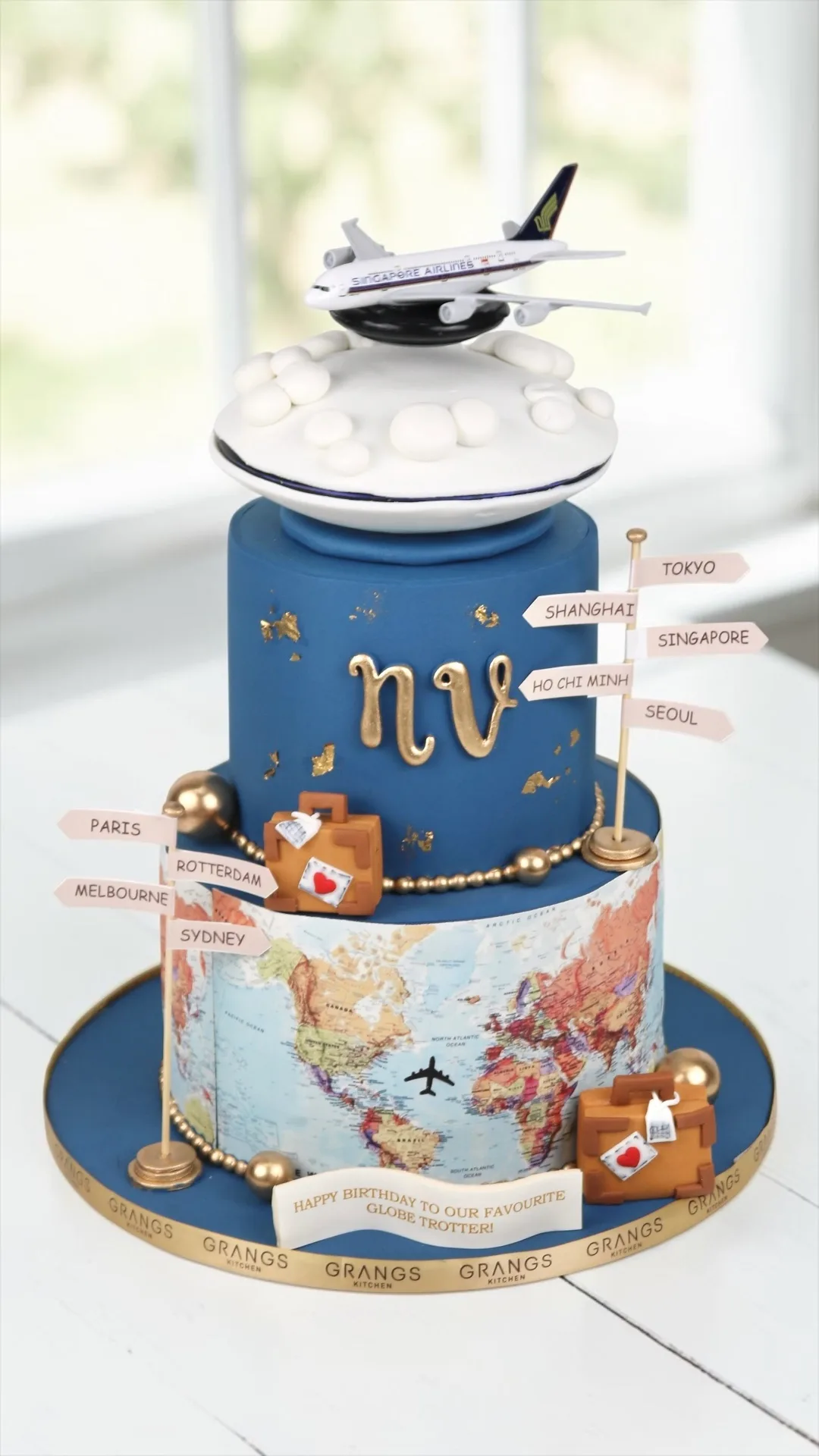 Travel-themed custom cake with airplane, world map and luggage details
