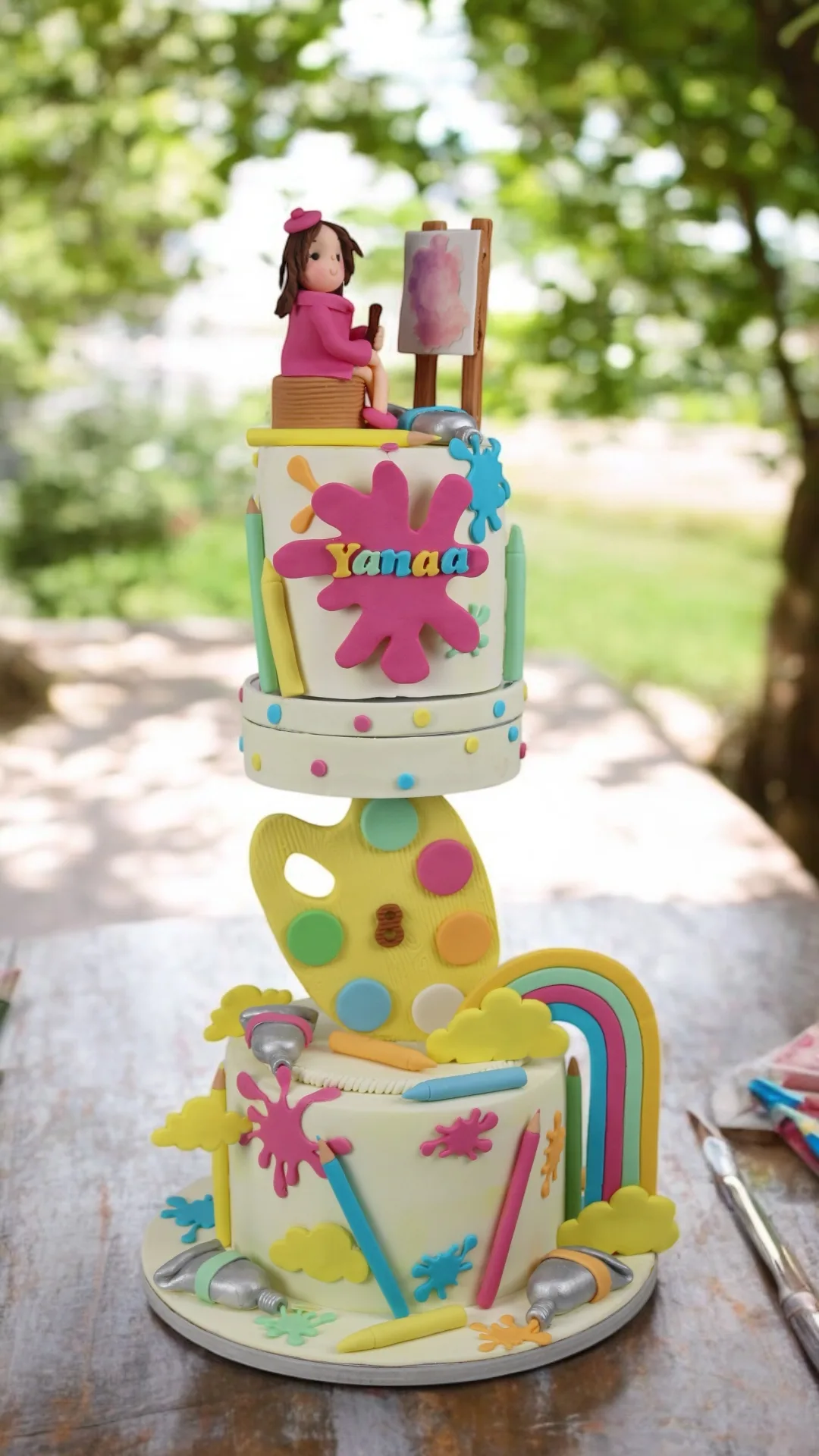 Art and craft birthday cake with palette, brush and rainbow details