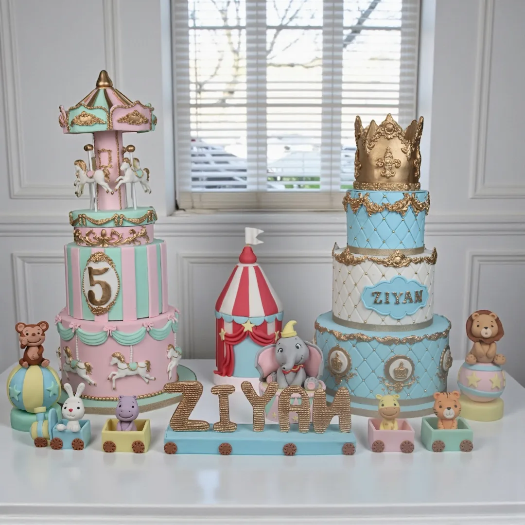 Carnival theme cake display with soft pastel circus details