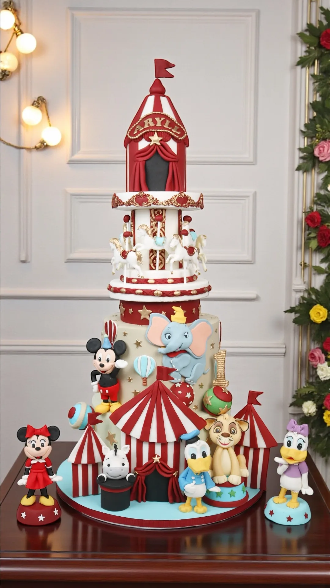 Carnival birthday cake with circus tent tiers and character figures