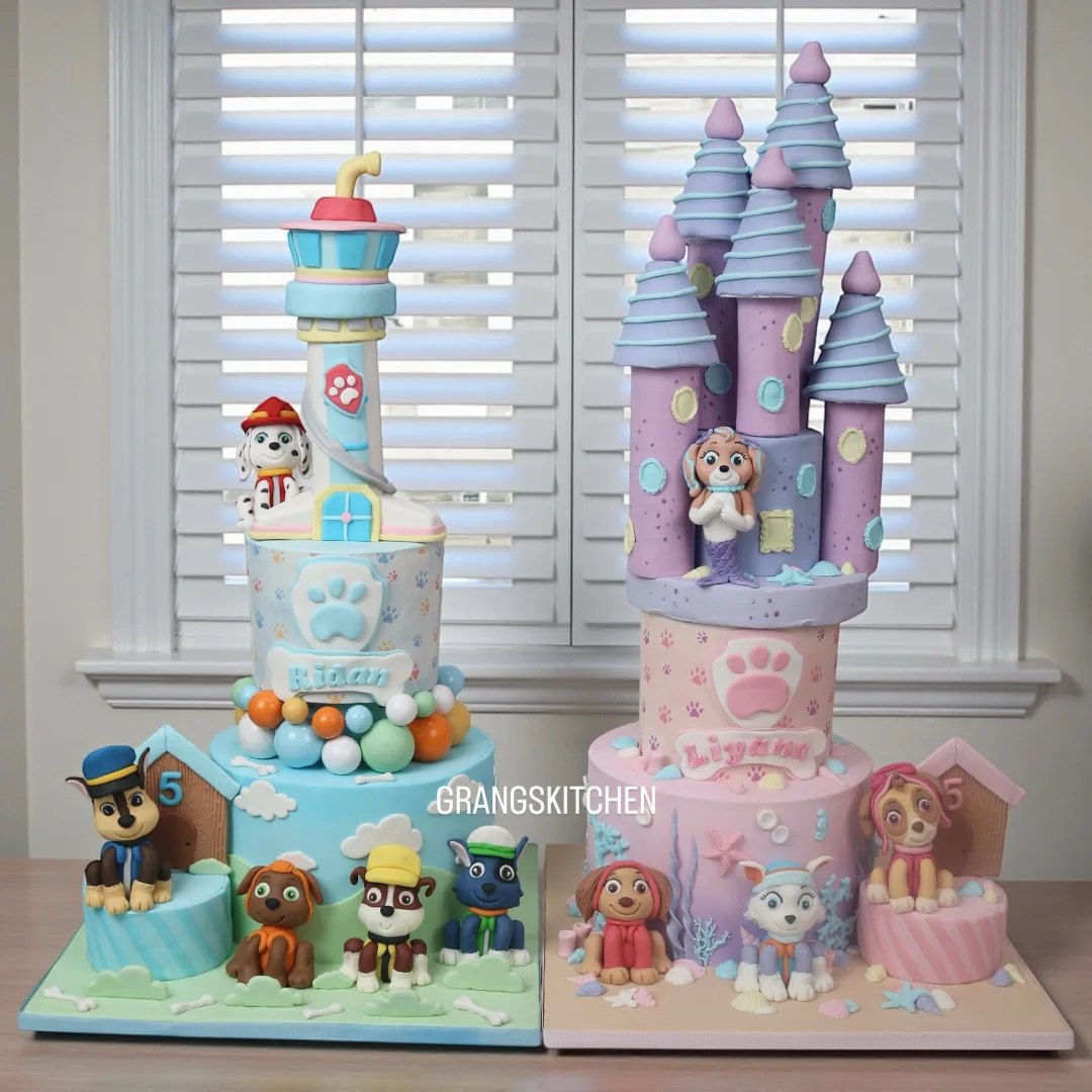 Paw Patrol-themed cake with pastel castle and character figures