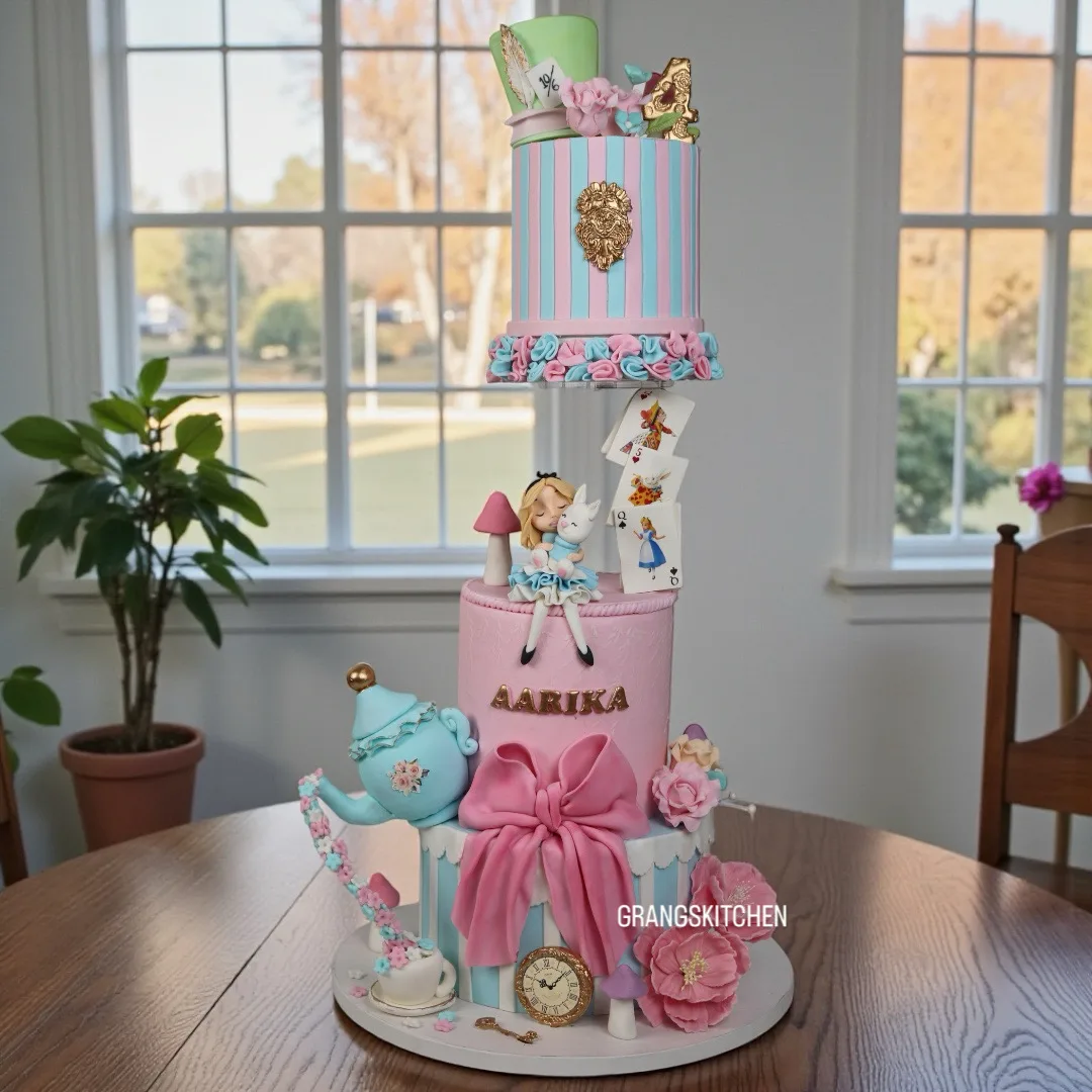 Pastel character cake with storybook figures and a pink bow