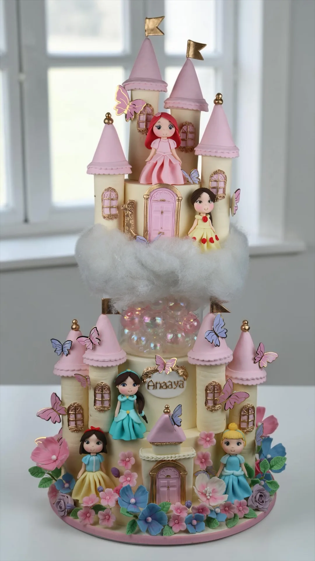 Tiered princess castle cake with pastel towers and character figures