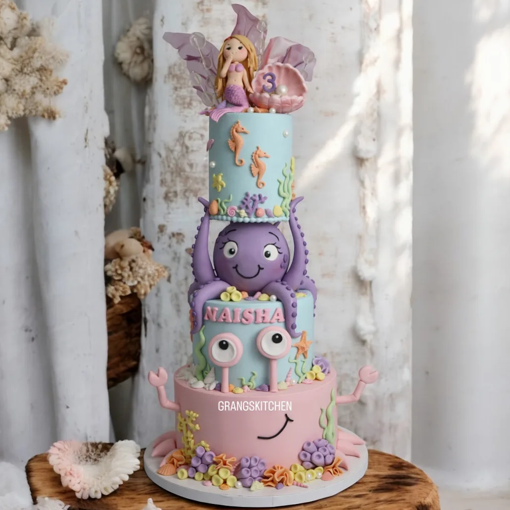 Pastel underwater cake with mermaid and sea shell decorations