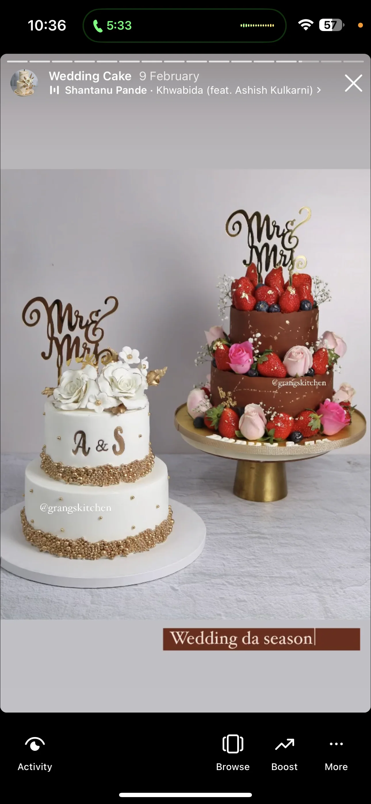 Two custom wedding cakes created for a wedding celebration