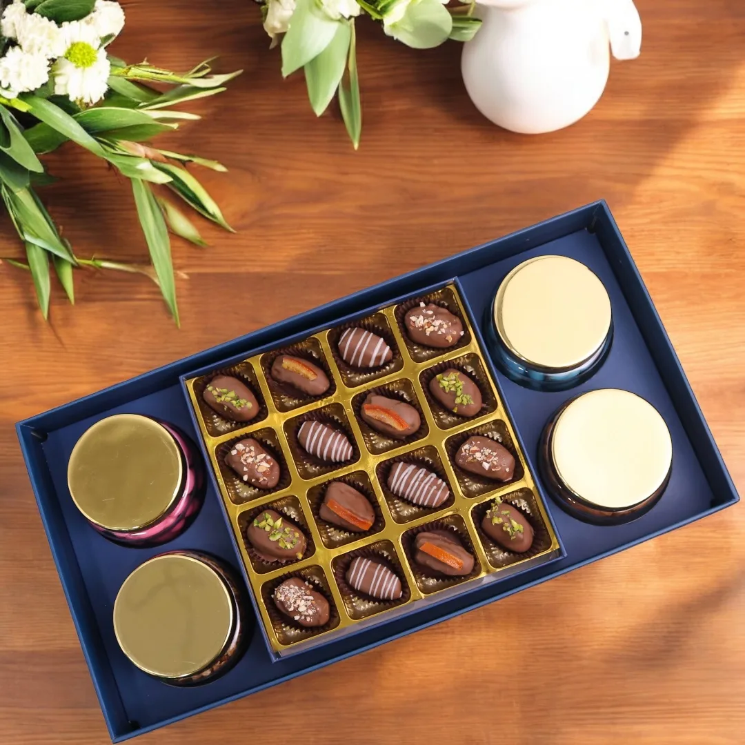 Blue Diwali chocolate gift box with gold-lidded jars