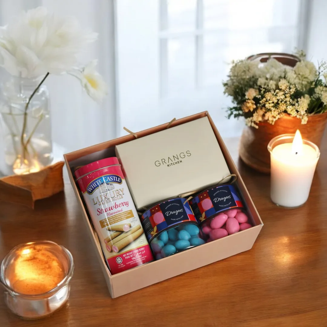 Pink Diwali gift box with Grangs Kitchen chocolates and dragees