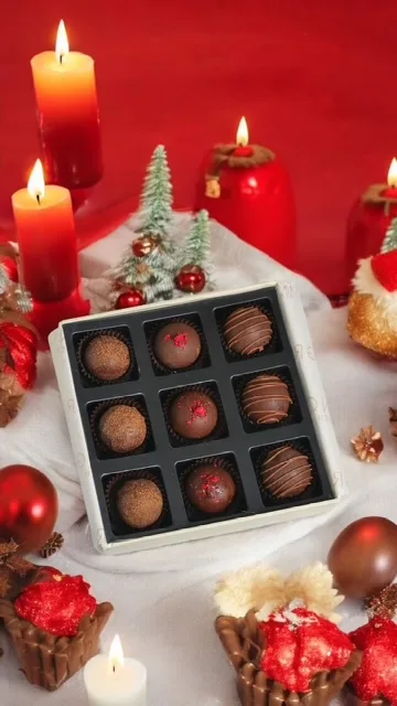 Christmas chocolate gift box with assorted truffles and festive decor