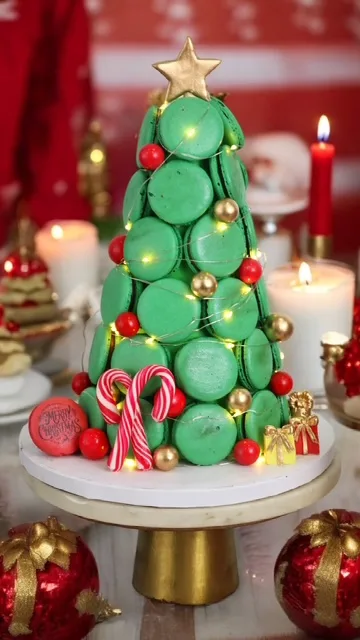 Christmas macaron tree arranged with festive sweets